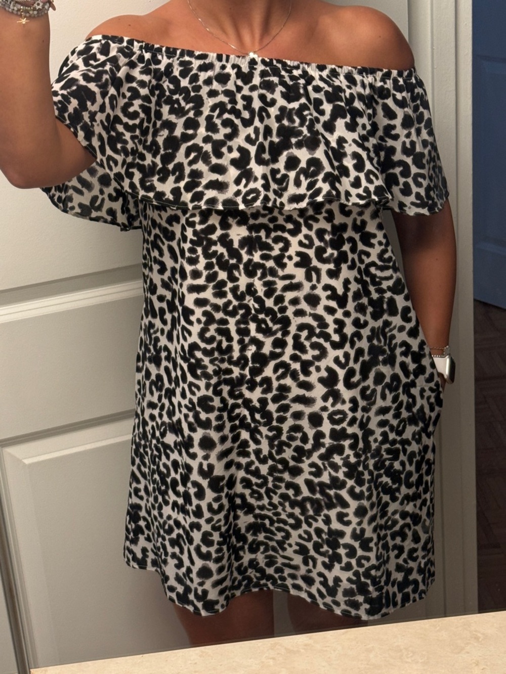 Sanctuary Black and White Off-Shoulder Leopard Midi Dress